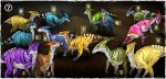 Which of these colorful parasaurs are wearing the same skin paint?