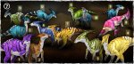 Which of these parasaurs share the same dinosaur skin art?