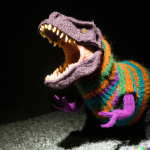 DALL·E 2022-09-07 21.09.08 - Roaring T-Rex in black room, knitted out of wool.png