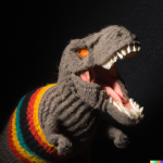 DALL·E 2022-09-07 21.08.55 - Roaring T-Rex in black room, knitted out of wool.png