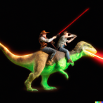 DALL·E 2022-09-07 20.18.07 - a photo of cowboys with laser guns riding dinosaur.png