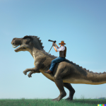 DALL·E 2022-09-07 20.39.11 - a photo of a cowboy with rifle riding a dinosaur in third person ...png