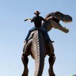 DALL·E 2022-09-07 20.40.22 - a photo of a cowboy with rifle riding a t-rex from behind perspec...png