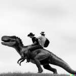 DALL·E 2022-09-07 20.40.43 - a photo of a cowboy with rifle riding a t-rex from behind perspec...png