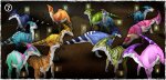 Which of these colorful parasaurs are sharing the same skin art?